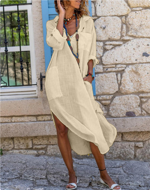 New Solid Color Cotton Hemp Long Sleeve Slit Casual Long Skirt