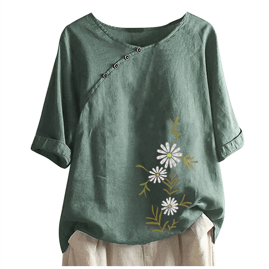 Fashion Women's Printed Cotton Hemp Short Sleeve