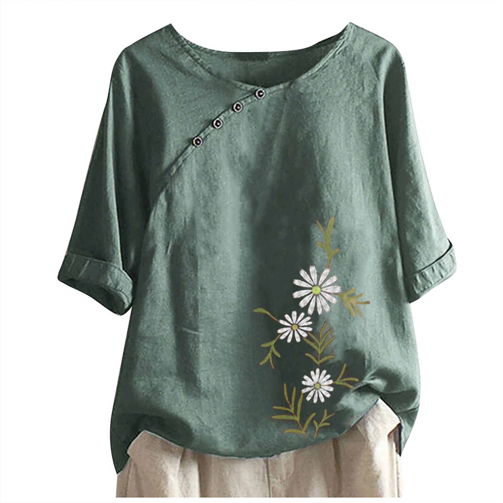 Fashion Women's Printed Cotton Hemp Short Sleeve