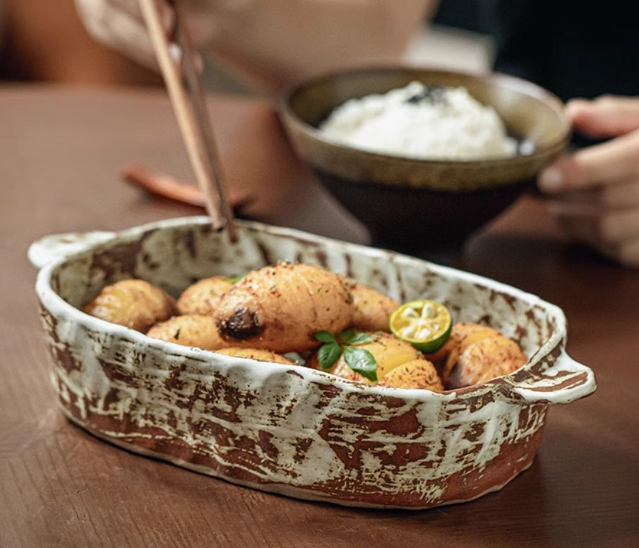 Handmade Coarse Pottery 8-inch Double Handle Disk Anti-scald Deep Plates