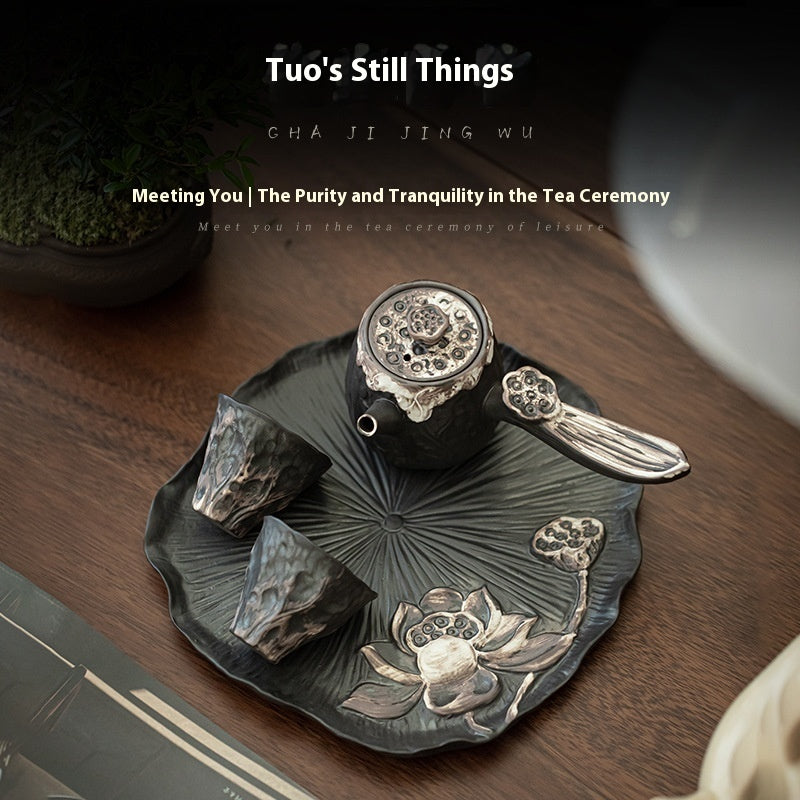 Household One Pot, Two Cups Wabi Sabi Air Dried Foam Set, Rough Pottery Retro