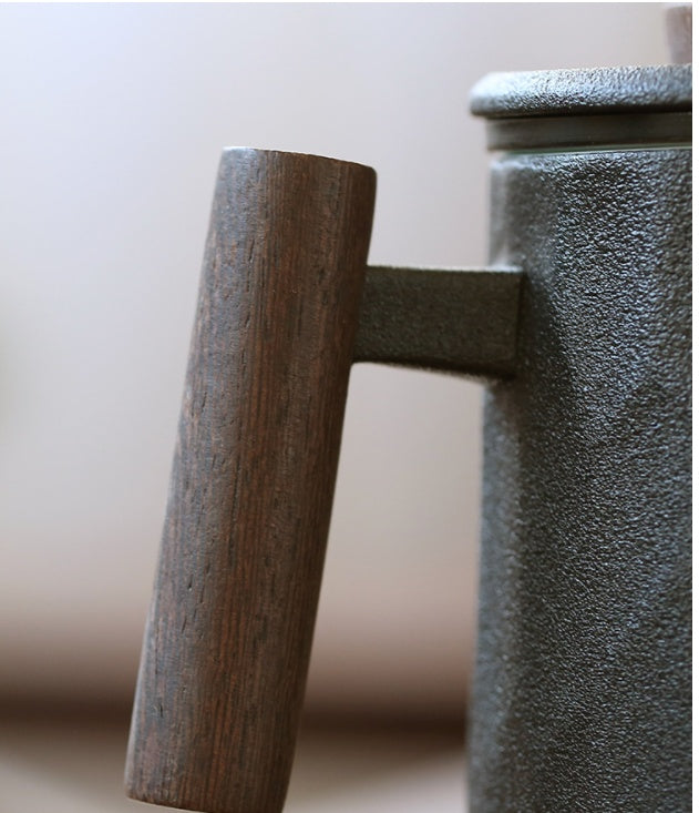 Ceramic Office Cup With Wooden Handle With Lid To Filter And Separate Crude Pottery Tea