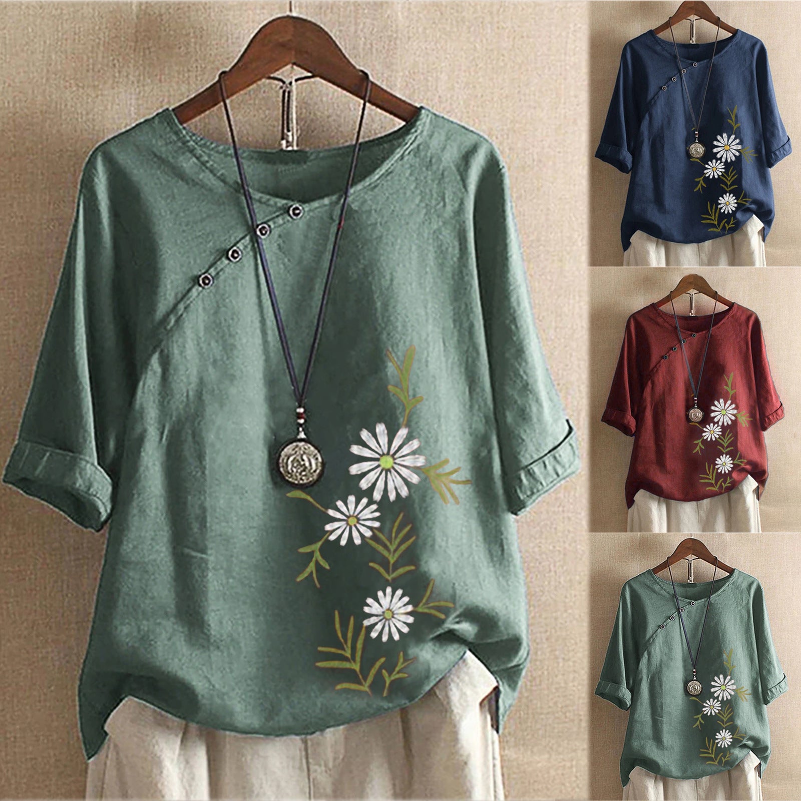 Fashion Women's Printed Cotton Hemp Short Sleeve