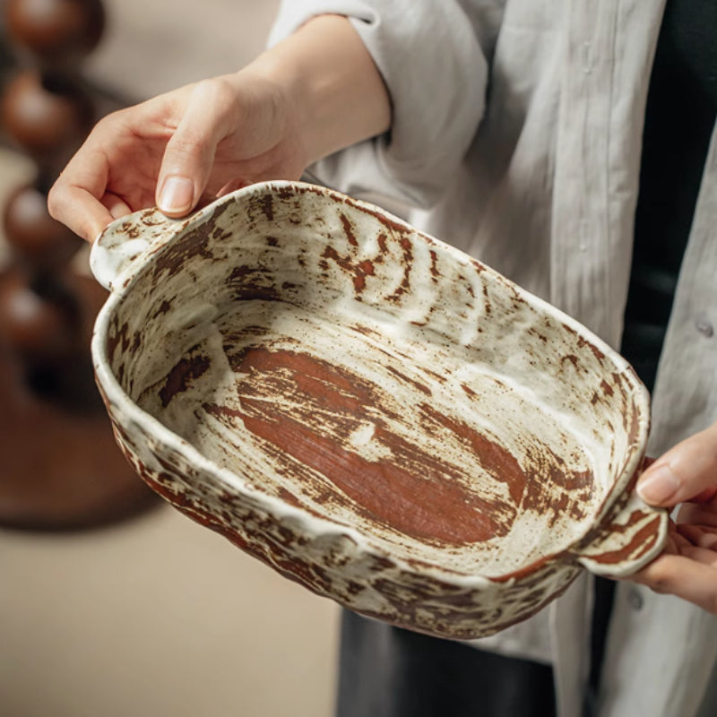 Handmade Coarse Pottery 8-inch Double Handle Disk Anti-scald Deep Plates