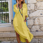 New Solid Color Cotton Hemp Long Sleeve Slit Casual Long Skirt