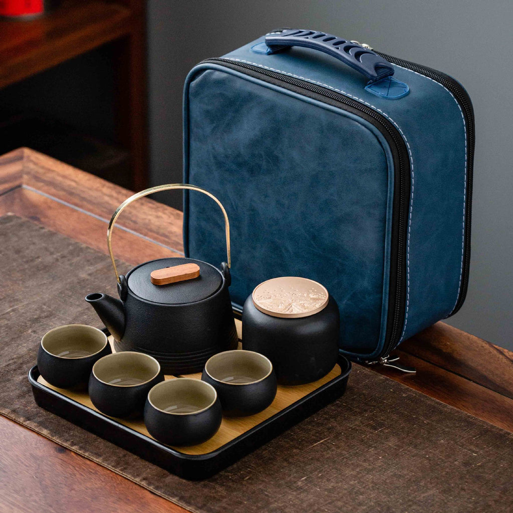 Black Pottery Handle Pot Tea Set One Pot And Four Cups With Tray