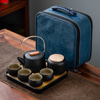 Black Pottery Handle Pot Tea Set One Pot And Four Cups With Tray