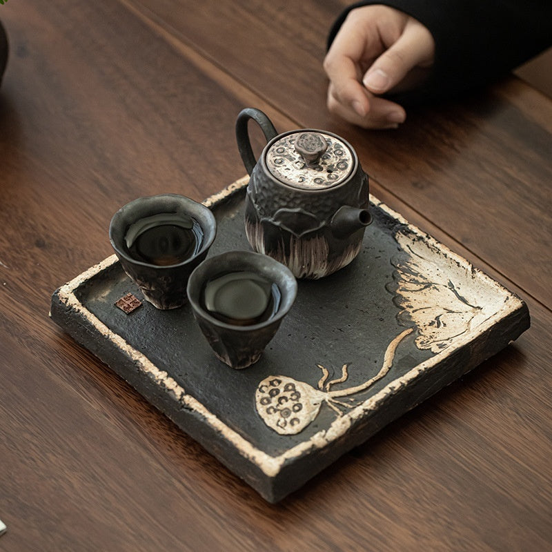 Household One Pot, Two Cups Wabi Sabi Air Dried Foam Set, Rough Pottery Retro