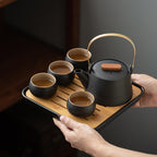 Black Pottery Handle Pot Tea Set One Pot And Four Cups With Tray