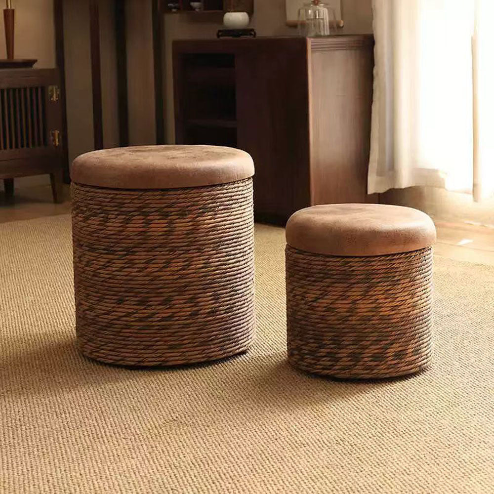 Modern Minimalist Solid Wood Footrest Storage Sofa Stool Made From Hemp Rope