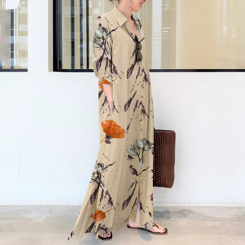 Cotton And Hemp Color Lapel Pocket Simple Loose Casual Long Dress