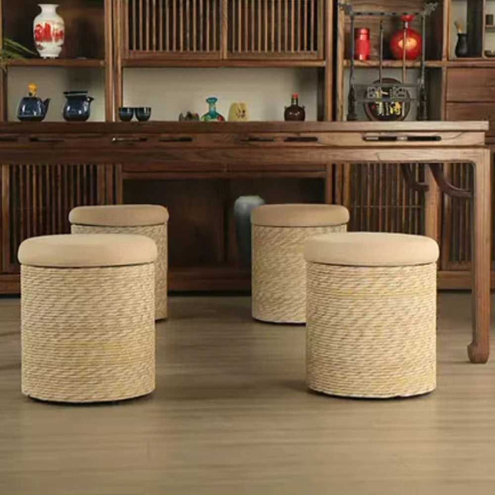 Modern Minimalist Solid Wood Footrest Storage Sofa Stool Made From Hemp Rope