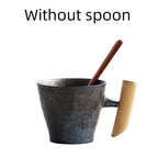 Handmade coarse pottery mug with spoon