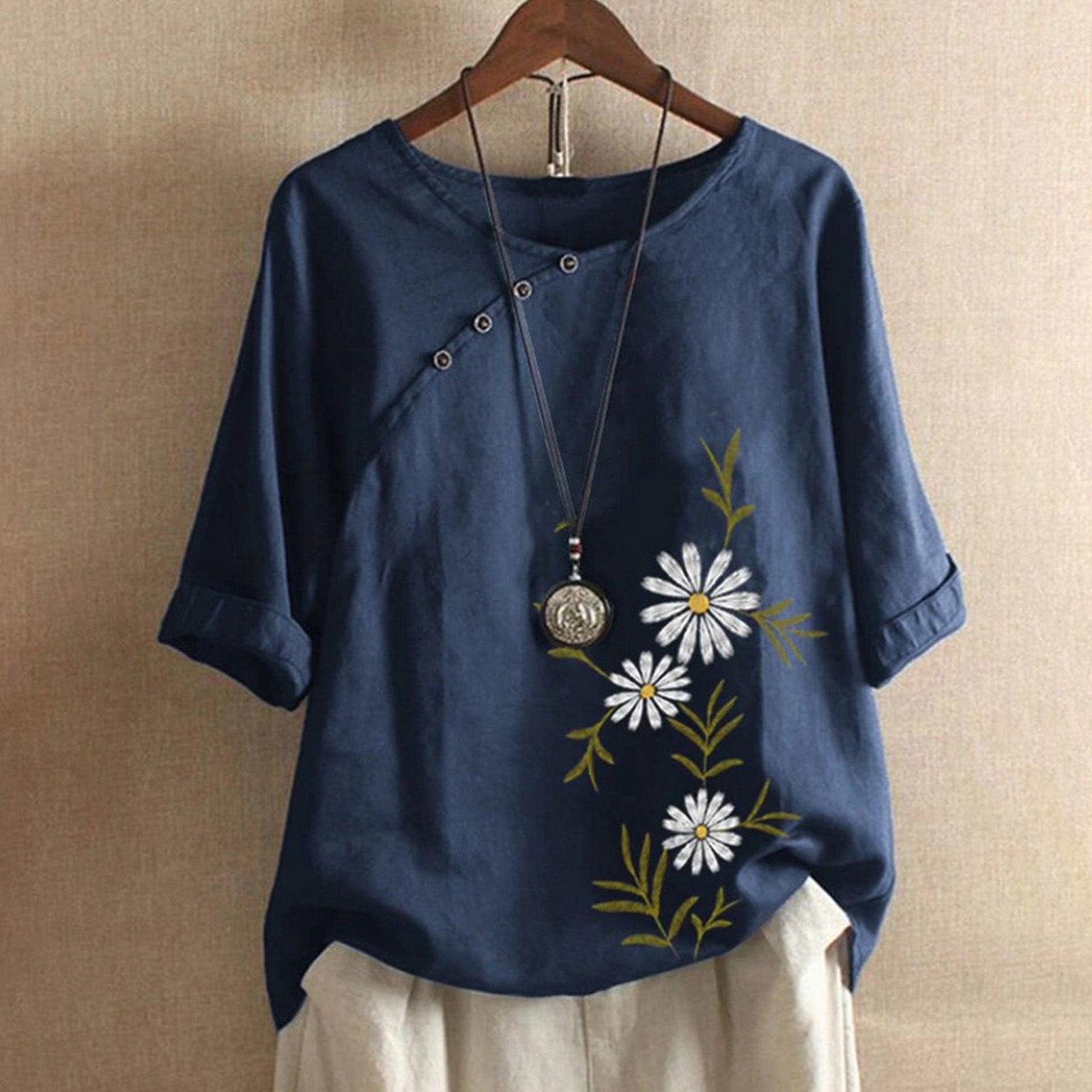 Fashion Women's Printed Cotton Hemp Short Sleeve