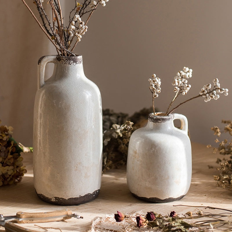 Crackle Glaze Small Mouth Earthen Bottle Handmade Coarse Pottery Antique Old Vase