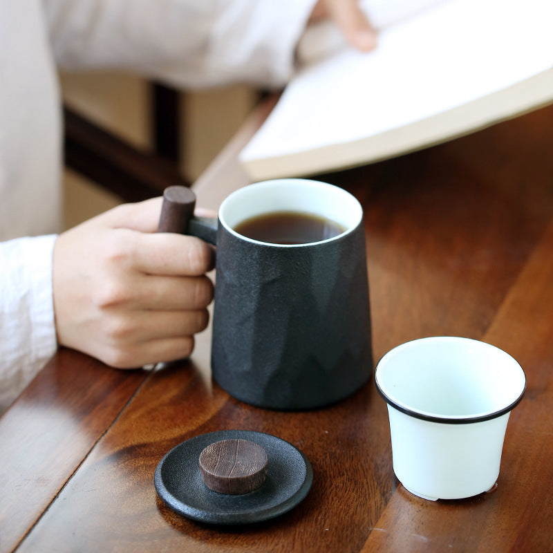 Ceramic Office Cup With Wooden Handle With Lid To Filter And Separate Crude Pottery Tea