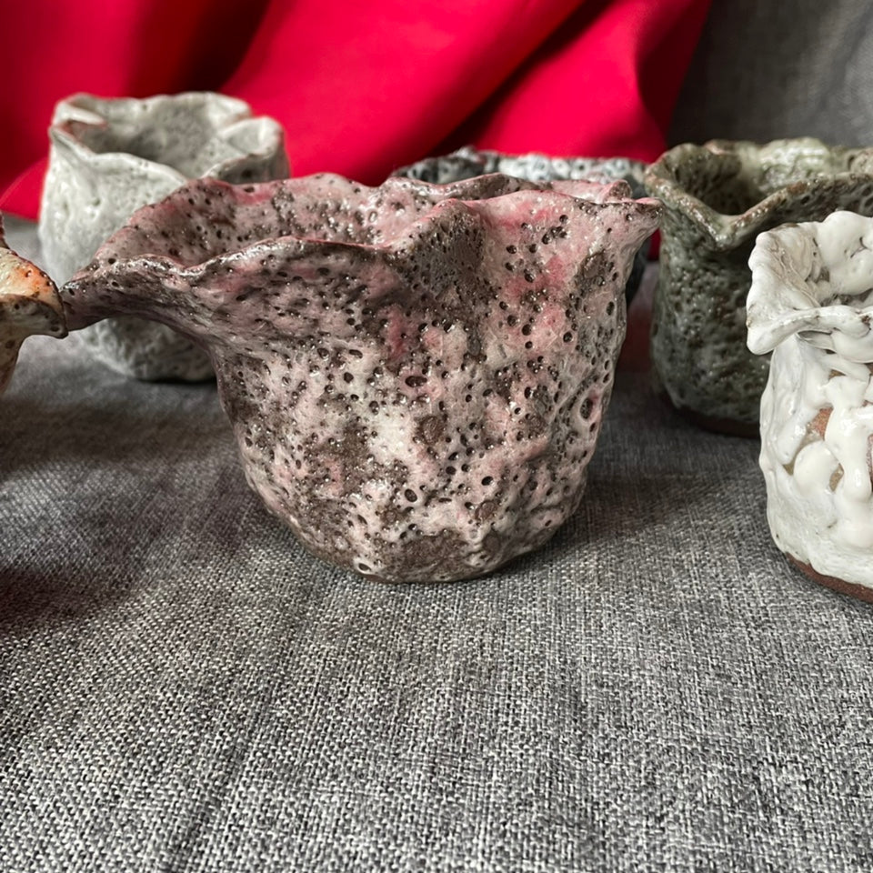 Hand Kneaded Coarse Pottery High Temperature Environmental Protection Grey Glaze Worm Hole Tea Set