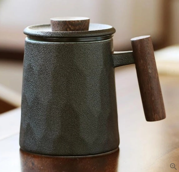 Ceramic Office Cup With Wooden Handle With Lid To Filter And Separate Crude Pottery Tea