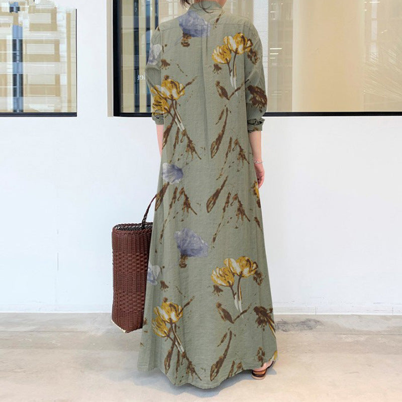 Cotton And Hemp Color Lapel Pocket Simple Loose Casual Long Dress