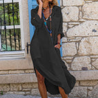 New Solid Color Cotton Hemp Long Sleeve Slit Casual Long Skirt