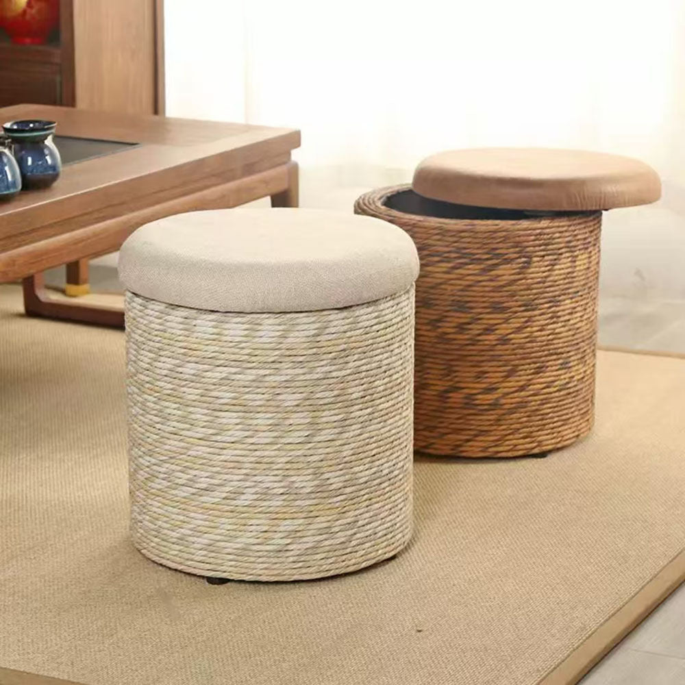 Modern Minimalist Solid Wood Footrest Storage Sofa Stool Made From Hemp Rope