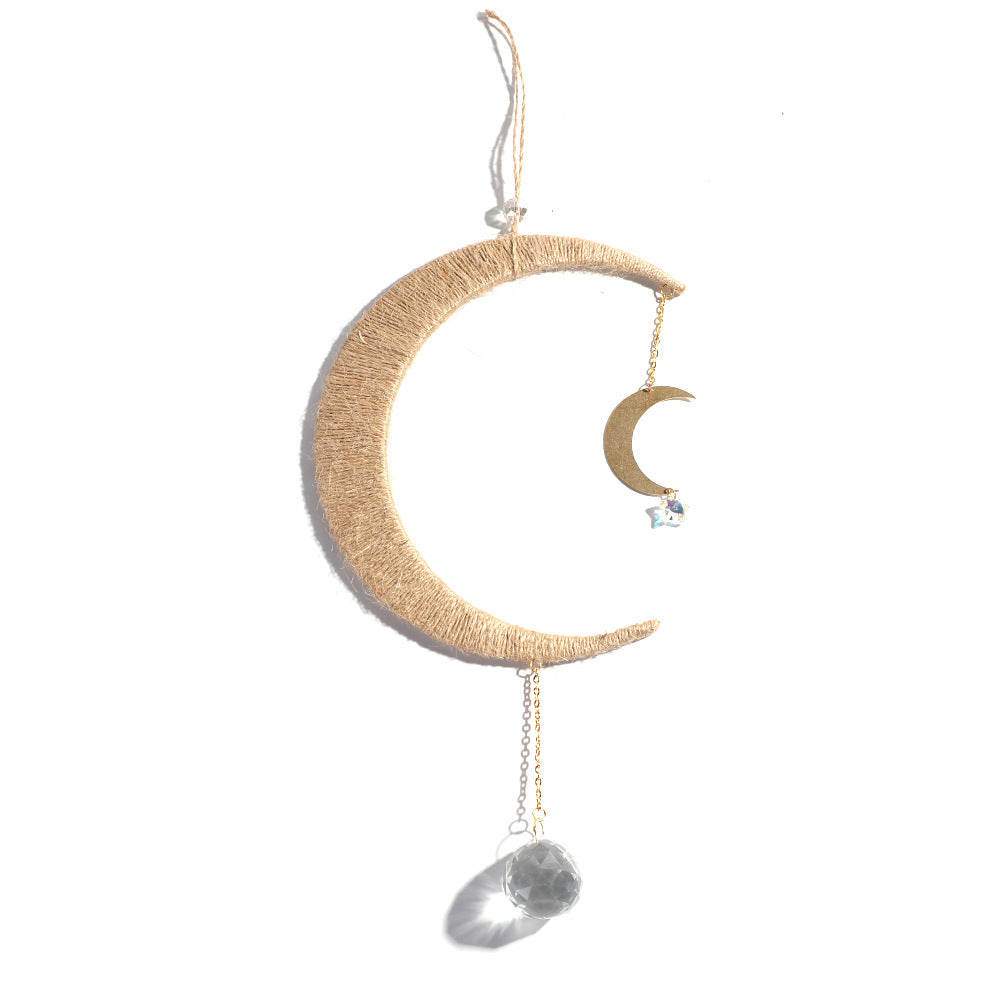 Wooden Hemp Rope Woven Moon Crystal Pendant